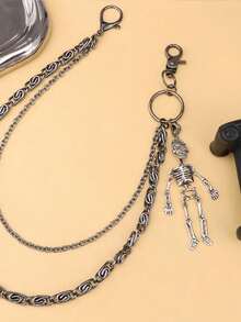 1 قطعة سلسلة بنطلون بتصميم جمجمة بنمط بانك روك للرجال، متعدد السلاسل، إكسسوار شارع هيب هوب حاد - الجمجمة السوداء - مشاهدة 5