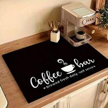 1pc Black Coffee Bar Printed Drainage Mat, Kitchen Counter Dish Drying Pad, Multipurpose Coffee Maker Utensil Mat