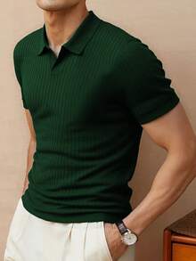 ALTZTAR 男士宽松修身纯色休闲 Polo 领短袖罗纹针织上衣 - 軍綠色 - 查看 3