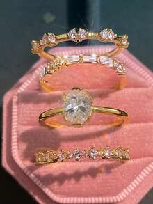 CVNANA 4pcs/Set Elegant Stackable Rings, Inlaid With Shiny Cubic Zirconia Teardrop And Rectangle Symbols, Representing Romance And Elegance, Suitable For Daily Wear, Also A Great Gift For Chinese New Year, No Gift Box - A - View 8