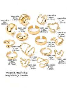 Bộ 15 chiếc nhẫn đeo đốt ngón tay bằng hợp kim trơn bóng, hình học bất đối xứng, kiểu dáng phóng đại, họa tiết đường viền dung nham. - Vàng - Xem 2