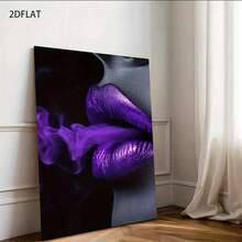 2D Flat, 1pc Modern Lips & Lipstick Abstract Purple Framed Poster - Glossy Black Wood Frame, Dark Background With Dramatic Lip Art - Wrapped Canvas Wall Decor For Home, Office, Bathroom - Bold Purple Lipstick Painting For Halloween, Christmas - 彩色 - 查看 2
