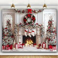 Polyester Fiber Photography Backdrop With Christmas Fireplace And Christmas Tree, Suitable For Christmas Holiday Parties, Family Gatherings, And Photo Booths - Multicolor - View 5