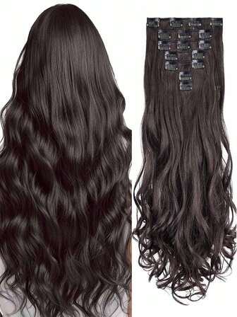 18-30 tum långa vågiga löshår med clips, 7 st/set, förtjockade hårdelar, osynliga clips, mjuka syntetiska fibrer, svart, för kvinnor