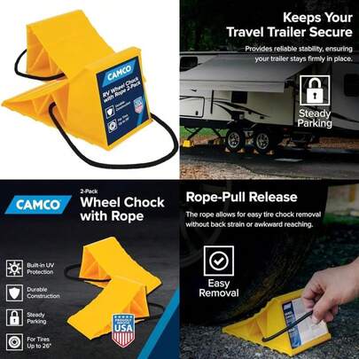 Camco 44432 Wheel Chock Without Rope, Helps Keep Your Trailer or RV In Place (Pack of 1)(Con diseño de cuerda Paquete con 2)