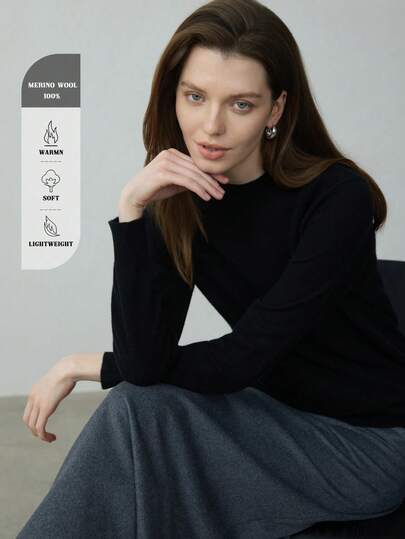 100% 美利奴羊毛纯色高领毛衣，女士保暖打底衫，套头衫，适合秋冬季节穿着，也适合圣诞节、感恩节、新年等场合，黑色