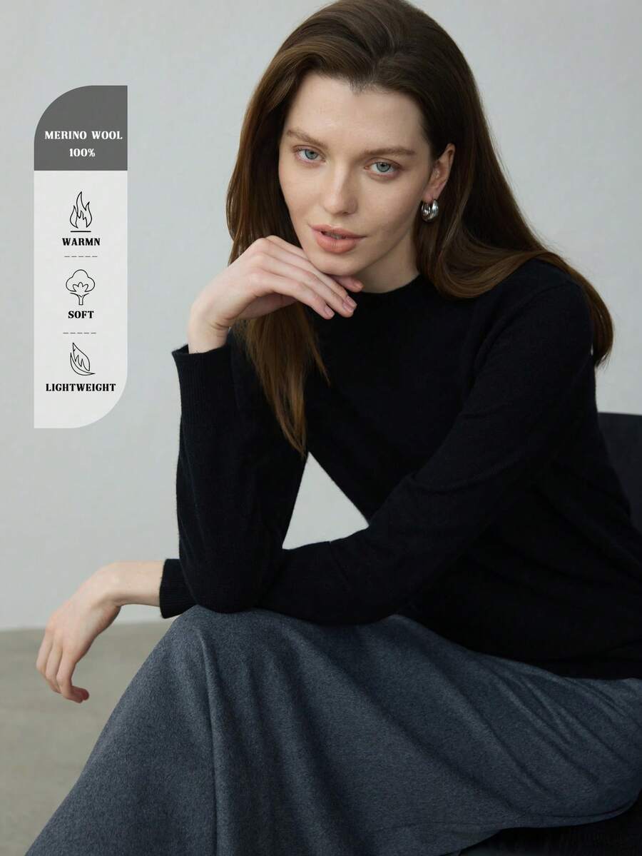 100%美麗諾羊毛女款毛衣 2026秋季新款女裝 假領套頭針織毛衣 秋冬女裝新款 羊毛黑色 - 黑色 - 查看 1