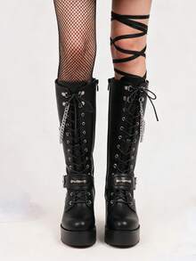 Women's Y2K Goth Platform Knee High Boots Chunky High Heels Buckle Chain Side Zipper Lace Up Black Fashion Punk Cosplay Combat Boots - màu đen - Xem 7