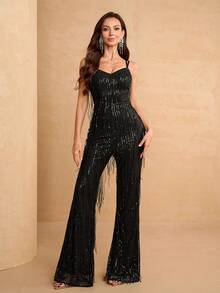 YISIKADO Bộ jumpsuit đính sequin cho nữ với dây đeo mảnh, tua rua và cổ chữ V, kiểu dáng ôm sát, thích hợp cho các buổi tiệc, đi học, kỳ nghỉ hoặc đám cưới. - màu đen - Xem 2