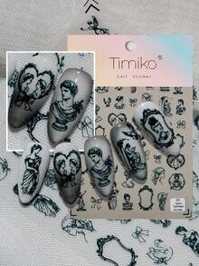 A Retro Dark Nail Sticker With Relief Texture Design, Gothic Baroque Style, Featuring Classical Portraits, Bows, Carved Picture Frames And Other Patterns, Suitable For Personal DIY And Creating Dark And Exquisite Nail Art Nails Nail Supplies - Black - View 1