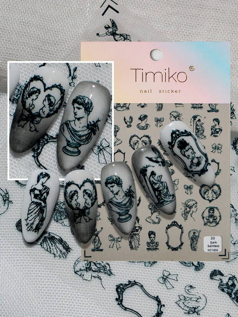 A Retro Dark Nail Sticker With Relief Texture Design, Gothic Baroque Style, Featuring Classical Portraits, Bows, Carved Picture Frames And Other Patterns, Suitable For Personal DIY And Creating Dark And Exquisite Nail Art Nails Nail Supplies - Black - View 1