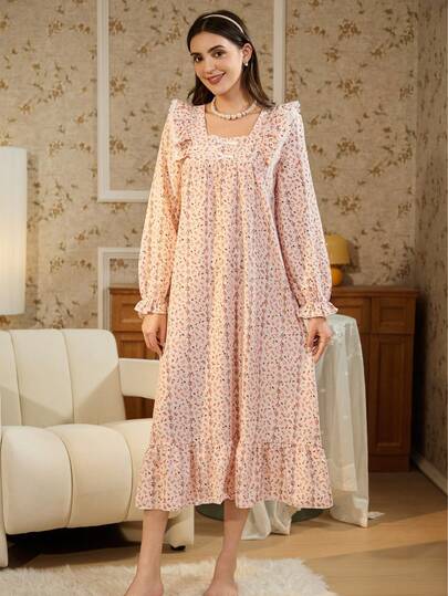 RS Pajama1 Square Neck Bows Long Sleeves Contrast Lace Romantic Floral Print Nightgown For Women