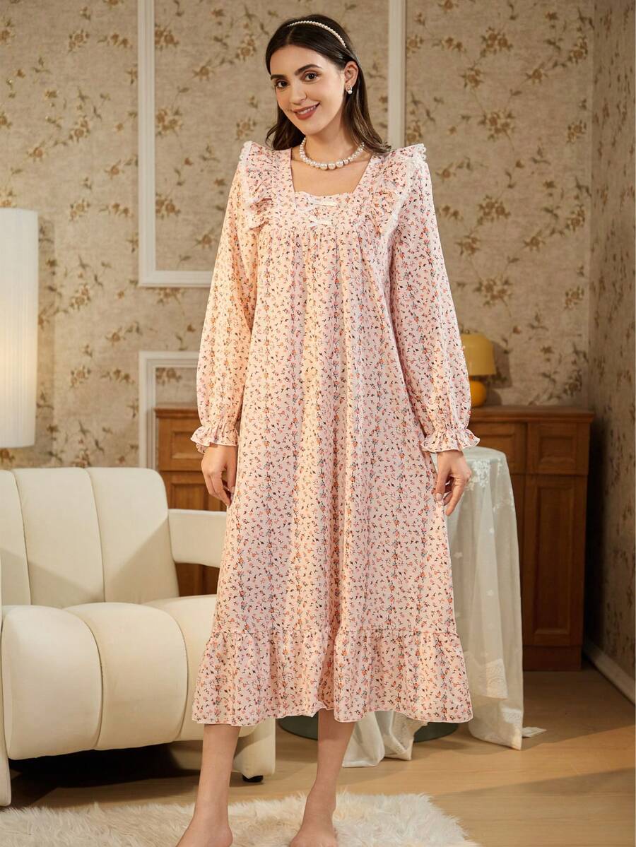 RS Pajama1 方領蝴蝶結長袖對比蕾絲浪漫花卉印花睡袍 (女款) - 西瓜粉 - 查看 1