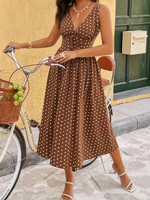 Đầm dự tiệc chấm bi phong cách boho thanh lịch, thắt nút, thích hợp cho kỳ nghỉ. - màu nâu - Xem 4