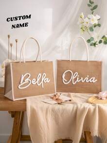 Personalized Handmade Embroidered Linen Tote Bag, Bridesmaid Invitation Bag, Letter Print Beach Tote, Bridesmaid Gift Bag, Letter Combination Tote, Wedding Gift Bag, Bachelorette Party Bag. Fashionable, Colorful, Minimalist, Cute, Unique Personalized Gifts, Wedding Favors, Bridesmaid Gifts - Multicolor - View 1