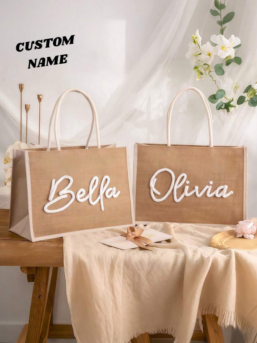 Personalized Handmade Embroidered Linen Tote Bag, Bridesmaid Invitation Bag, Letter Print Beach Tote, Bridesmaid Gift Bag, Letter Combination Tote, Wedding Gift Bag, Bachelorette Party Bag. Fashionable, Colorful, Minimalist, Cute, Unique Personalized Gifts, Wedding Favors, Bridesmaid Gifts - Multicolor - View 1