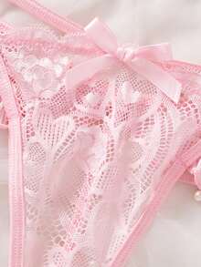 2pcs Women Sexy Pink Lingerie Set, Heart Lace, Bow Tie, Sheer, Garter Belt Bra Set, Sexy Underwear Set For Women - Pink - View 5