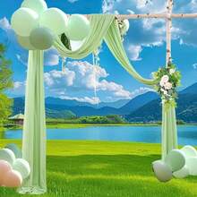Wedding Arched Tulle Backdrop Curtain, Elegant Floral Curtain Effect, Lightweight Polyester Fabric Arch Decoration, Suitable For Weddings, Parties, Indoor/Outdoor Ceremony Decorations, Stages, Ceilings, Houses, Etc. Electricity-Free Party Decoration. - Green - View 2