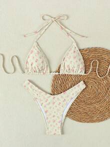 Women's Fashion Fresh Floral Halter Bikini Set With Pearl Embellishments For Vacation Beach Summer Spring 2026,Birthday Outfits For Women,Gym Wear Women,Elegant Dress Women,Elegant Dress Women,Vacation Outfits Women,Going Out Top - Multicolor - View 4