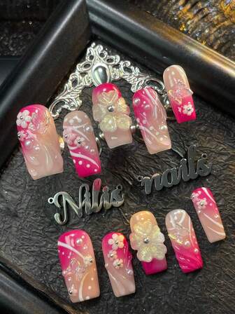 10pcs Square Acrylic Nail Kitt,Rose Red&Pink Tie Dye,Suitable For Cute Girl Y2K Style Nail Art Set,3D Stereo Flower&Butterfly&Steel Ball&Pearl Nails Accessories Decorations,Hand Drawn Geometric Patterns Design,Suitable For Girls Valentine's Day Use,Comes With 1 Mini Nail File And 1 Double-Sided Adhesive Label Nail Stuff.