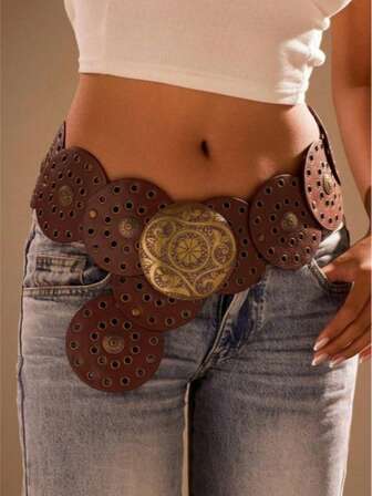 1pc Fashion PU Waist Belt For Women, Bronze Tone Oval Buckle, Bohemian Style, Suitable For Daily Wear