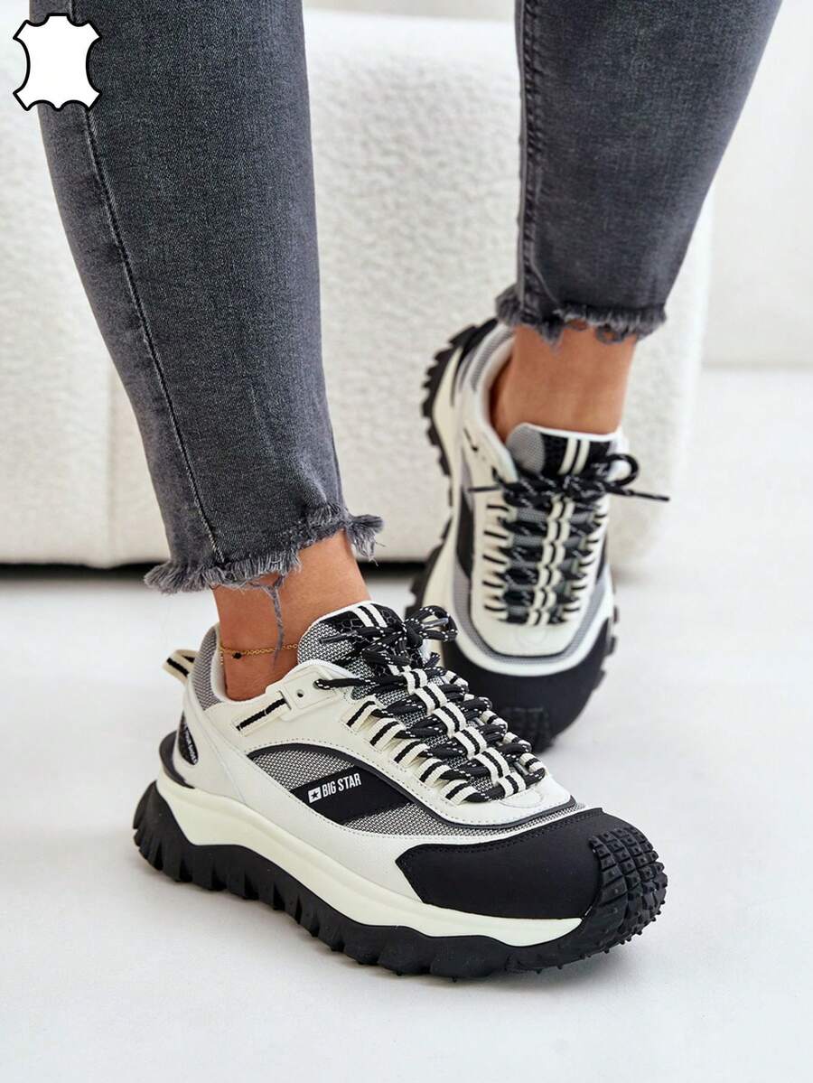 Big Star Women's Premium Platform Sneakers, Made Of Natural Leather And Textile Material, With Shock-Absorbing HI-POLY SYSTEM Insole From Recycling, Perfect For Everyday Styling White Black - Black - View 1