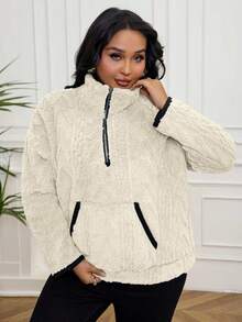 Hanorac cu buzunar scurt și fermoar, stil european și american, mărime plus, toamnă/iarnă