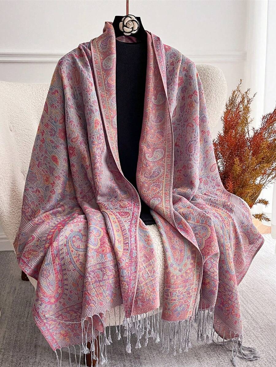 1件女士时尚保暖腰果图案印花围巾，经典佩斯利花纹头巾和披肩，可搭配长袍穿着。 - 優雅灰粉 - 查看 1