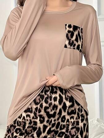 1pc Leopard Print Pocket Short Sleeve T-Shirt Sleepwear Top For Women