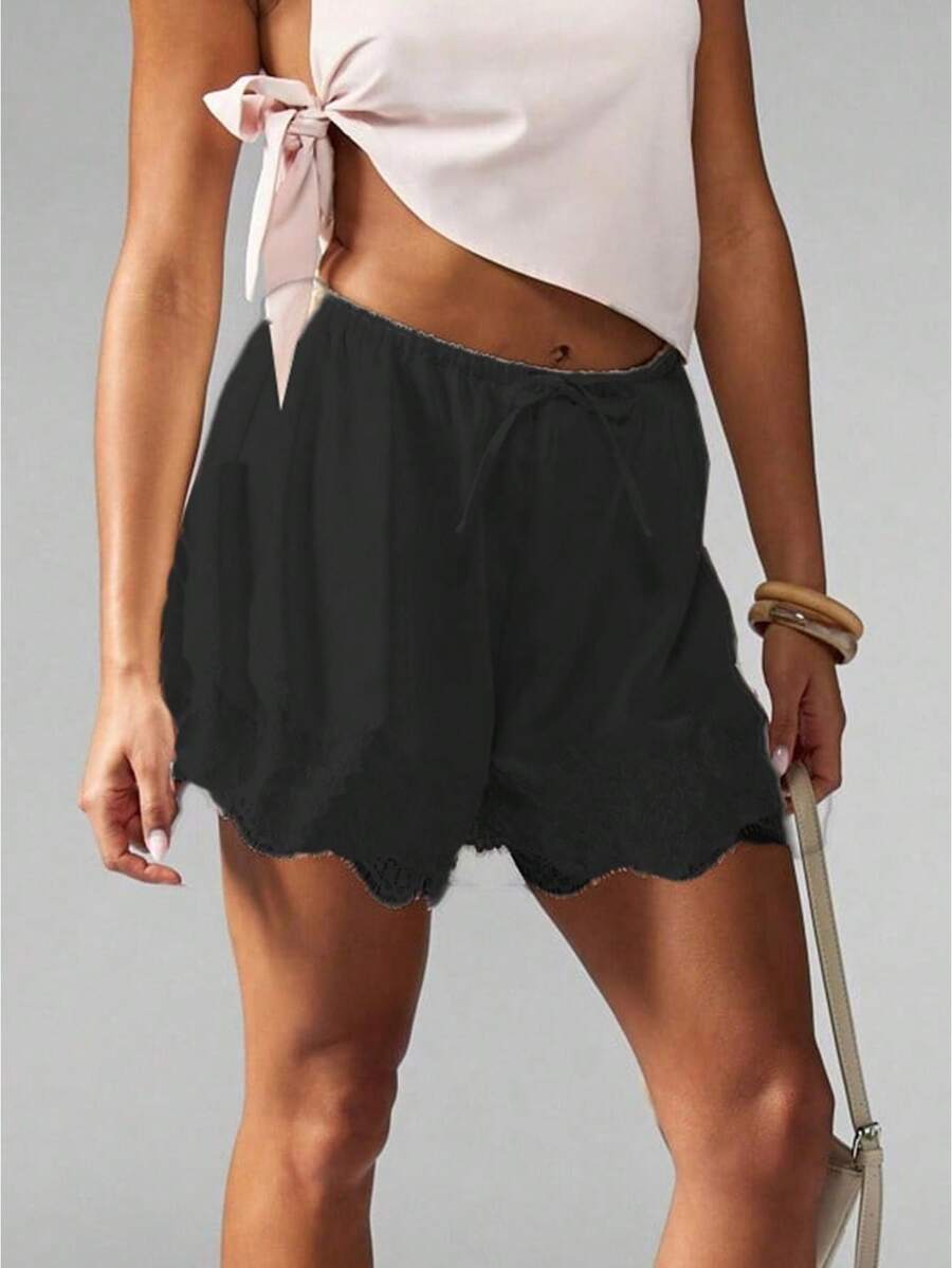 Women Drawstring Shorts Casual Loose Fit Stylish Solid Lace Trim Mid Rise Shorts - Negro - Ver 1