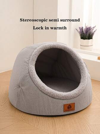 1pc Gray & Khaki Plush Pet Nest With Removable Cushion, Windproof & Warm Semi-Surround Design, Deepened Space & Raised Backrest For Neck Support, Foldable Cozy Bed For Dogs & Cats Up To 22lbs, Indoor Sleeping Pad