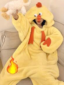 Winter Women's Chick One-Piece Hooded Velvet Bathrobe Pajamas Home Clothes, Warm Velvet Coral Fleece, Funny Cartoon Animal One-Piece Pajamas, Soft Polyester Fiber, Simple Pajamas, Comfortable To Wear, Breathable Fabric, Suitable For Winter, Warm, Halloween Gifts, Theme Parties, Pajama Parties Bathroom Decor - Yellow - View 6