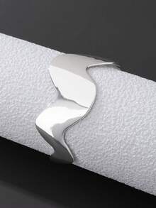1 pieza Brazalete abierto de lujo con textura ondulada metálica y geométrica para mujeres - Plateado - Ver 3