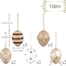 12个复活节彩蛋装饰品 | 棕色塑料蛋形，图案多样，经久耐用 | 专为春季派对和节日设计，可悬挂在树枝、门廊或餐桌上营造节日气氛，适合批量装饰，绳子颜色随机 - 彩色 - 查看 8