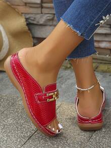 大码女鞋（35-45码）夏季新款休闲时尚凉鞋，个性化欧美风红色鱼鳞纹凉鞋，日常户外露趾沙滩坡跟凉鞋，旅行必备 - 紅色魚鱗紋 - 查看 8