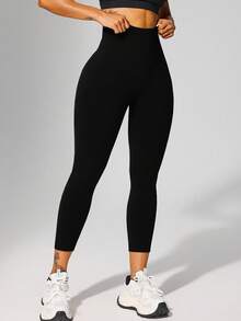 1pc High Waist Ribbed Yoga Leggings, Suitable For Hiking, Outdoor Activities, Sports And Casual Wear Black Spring - Black - View 4
