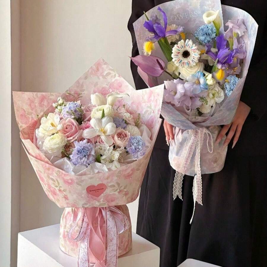 1/10pcs - Valentine's Day Bouquet Wrapping Paper, Valentine's Dream Garden Floral Paper, Thickened Waterproof And Tear-Resistant Art Paper, Flower Wrapping Material Paper, White Lace Ribbon, DIY Bouquet Gift Wrapping Ribbon - Multicolor - View 1