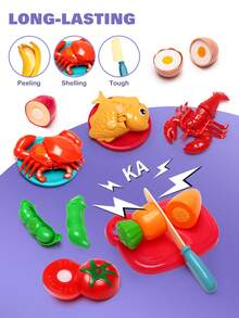 81件套儿童厨房食物玩具套装，包括切菜玩具、食物储存袋、食物玩具、蔬菜、水果、逼真食物和披萨玩具，过家家厨房配件，送给男孩女孩的礼物 - 彩色 - 查看 3
