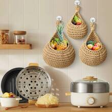  Hanging Fruit Baskets For Kitchen, Boho Wall Hanging Basket, Handwoven Hanging Holder Teardrop Home Produce Basket For Fruits Vegetable Potato Onion Storage - 棕色 - 查看 4