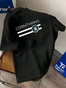 Camiseta gráfica del Club de Fútbol Corinthians - Camiseta blanca casual de cuello redondo y manga corta con logo negro y rojo, camiseta de verano transpirable para hombres, atuendo casual y estilo deportivo, camisetas de fútbol - Negro - Ver 3
