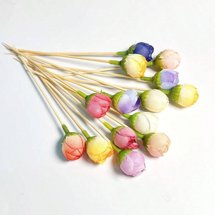20 Stücke Rosenknospen Bambus Zahnstocher - 12 cm natürlicher Bambus Spieße, geeignet für Häppchen, Hochzeiten, Valentinstag und Feiertagsdekorationen, handgefertigte Lebensmittelspieße mit Rosenknospen, ideal für Obst-Spieße und Party-Deko, Häppchen-Spieße, Hochzeitsdeko, Dessert Bambus Stäbchen, Valentinstag Cupcake & Dessert Deko, Valentinstag Cocktail Rührstäbchen - Verschiedenfarbig - Übersicht 1