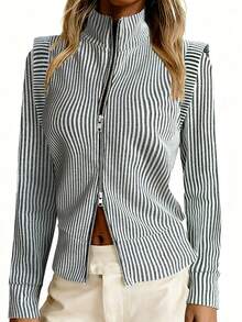 This Fashionable Women's Knit Striped Top Features A Stand Collar And Long Sleeves Design, With Double Zipper Details. The Slim-Fit Silhouette Is Made Of Medium-Stretch Fabric, Suitable For Everyday Wear. - White - View 1