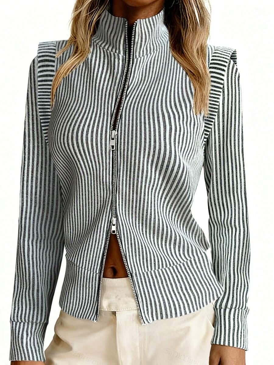 This Fashionable Women's Knit Striped Top Features A Stand Collar And Long Sleeves Design, With Double Zipper Details. The Slim-Fit Silhouette Is Made Of Medium-Stretch Fabric, Suitable For Everyday Wear. - White - View 1