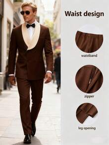Men's 2-Piece Shawl Collar Suit - Double-Breasted Stretch For Wedding Business - Màu nâu Sô-cô-la - Xem 4