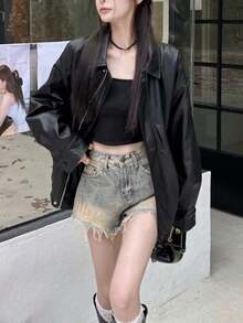 Chaqueta para mujer Chaqueta retro de cuero marrón para mujer - Estilo corto para primavera/otoño Chaqueta de cuero holgada estilo coreano para mujeres bajitas Chaqueta motera elegante con cremallera, cuello vuelto, botones y bolsillos Chaqueta de cuero informal y desenfadada de corte holgado - Negro - Ver 8