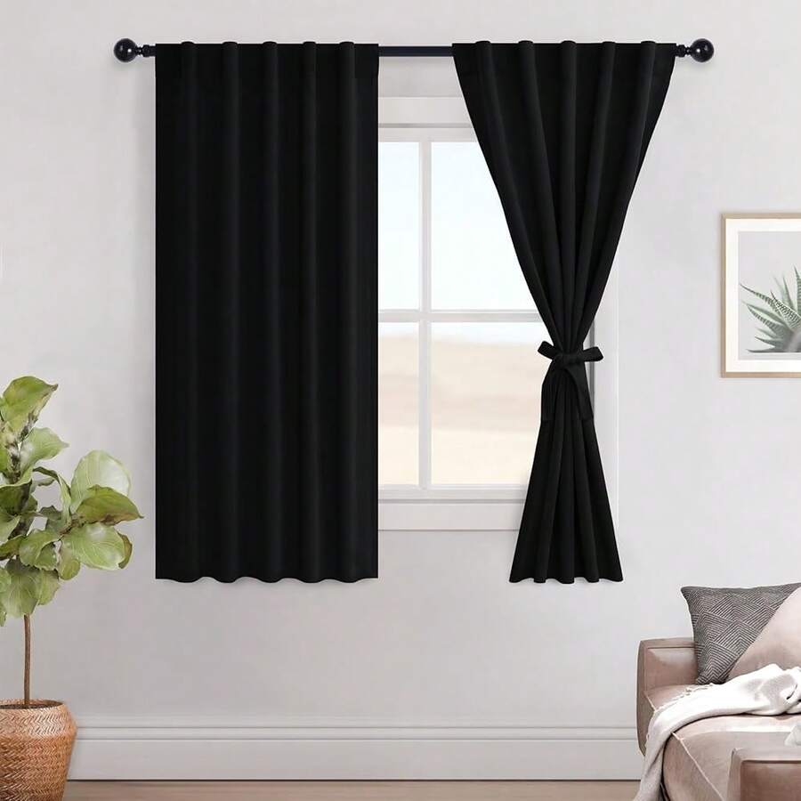 Hiasan Black Out Curtains 63 Inch Long Sewn With Tiebacks, Rod Pocket & Back Tab Blackout Thermal Insulated Drapes 42 Inch Wide, Room Darkening Curtains 2 Panels For Living Room Bedroom,42inchWx63inchL(Packof2),Black - 黑色的 - 查看 1