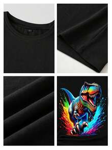 1pc Kids' Colorful T-Rex Dinosaur Print Black T-Shirt, Crew Neck, Casual Cotton Tee, Medium Stretch Knit Fabric, Regular Fit For Boys & Girls Children, Alphabet Pattern, For Spring/Summer/Fall Birthday Christmas Children's Day - 黑色 - 查看 6