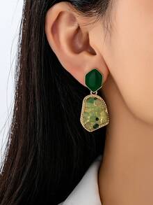 1对复古绿色不对称几何镶嵌宝石耳环 - 彩色 - 查看 1