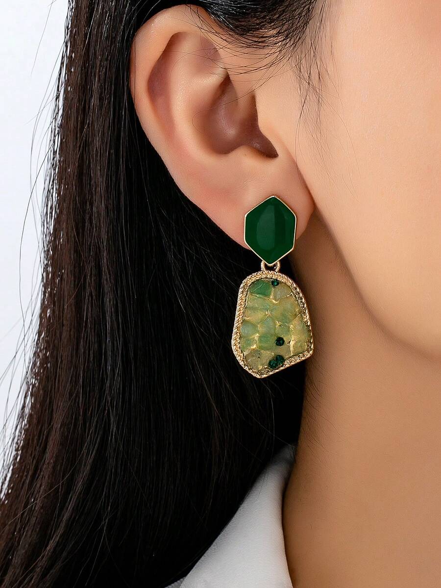 1对复古绿色不对称几何镶嵌宝石耳环 - 彩色 - 查看 1