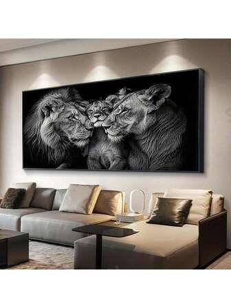 1pc 2D Flat, 2025 New Modern Light Luxury Minimalist Lion Wall Art - Black & White Lion Family Portrait Canvas Print, Unframed, For Living Room, Bedroom, Office, Bedroom Artwork Focal Point Artwork, Lion Wall Decor